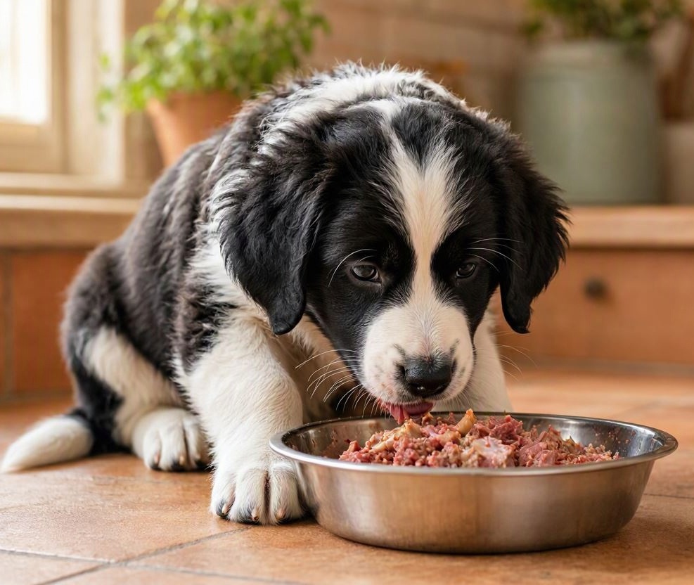 Een stabijpup die KVV (Kant en Klaar Vers Vlees) eet, geadviseerd door Balans in Hondenvoeding